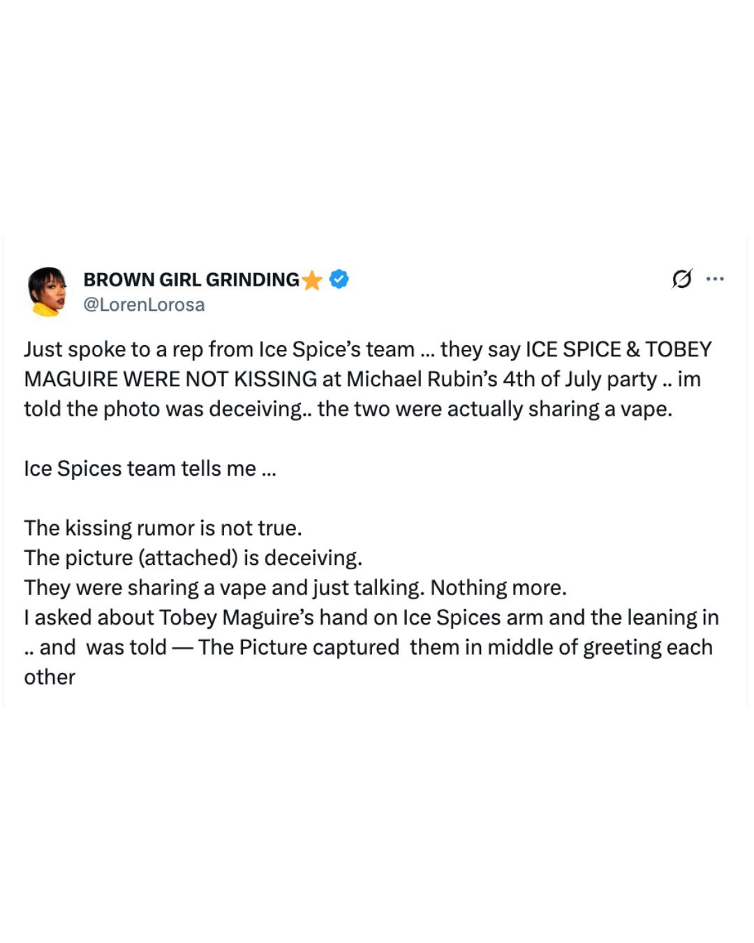 【】经纪人证实：Ice Spice 和 Tobey Maguire 没有接吻，而