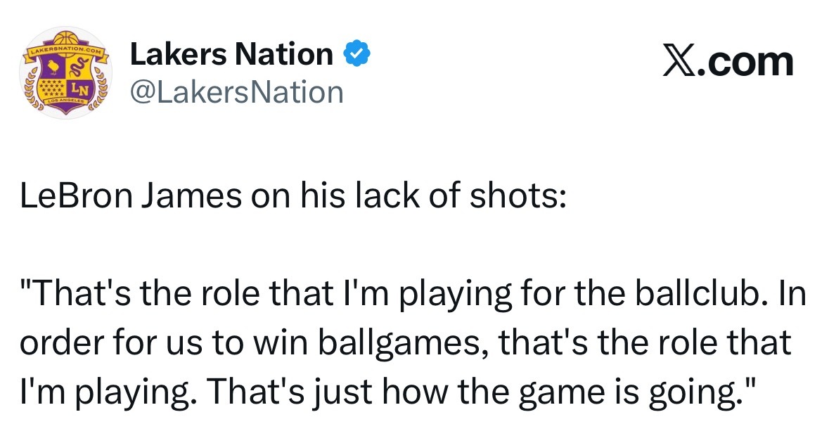 定位清晰，詹姆斯谈到自己上半场一分未得：“这就是我目前在球队里扮演的角色。为了赢