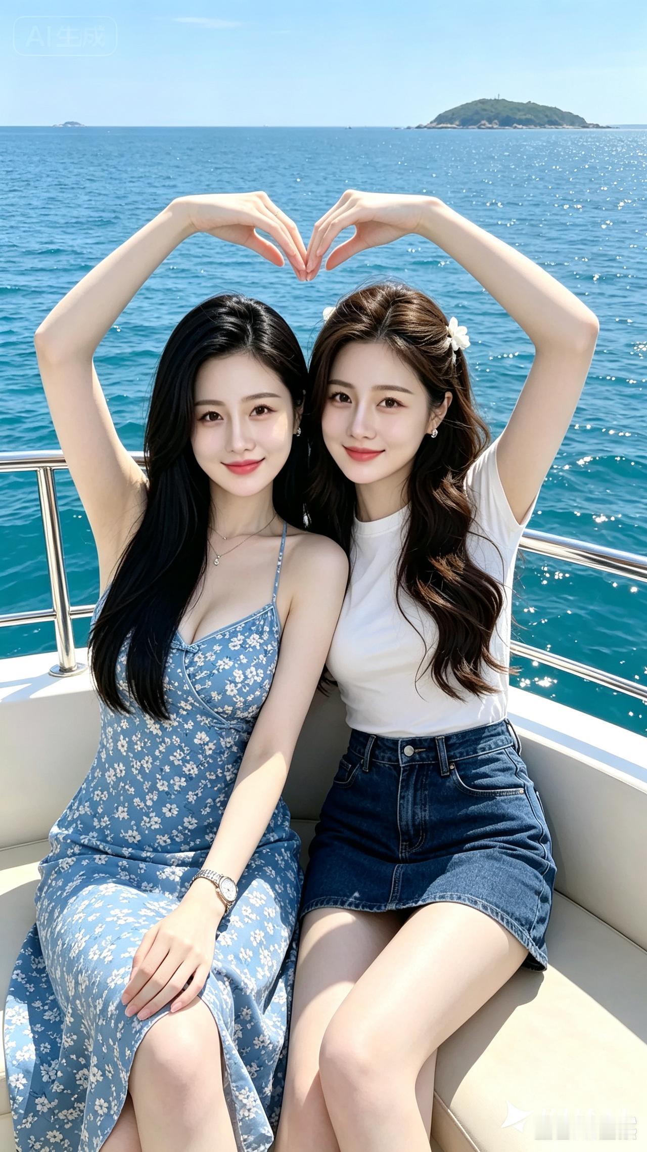 两位女生在海边比心，阳光明媚。