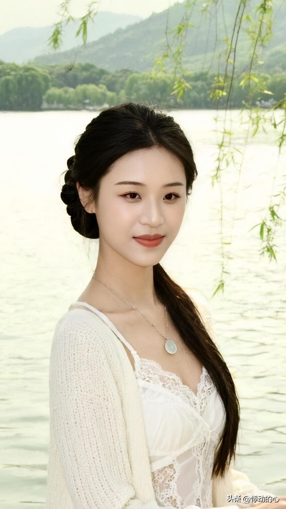 鹧鸪天·水畔依柳
 
烟柳轻笼碧水湾，
素衣云鬓胜春颜。
玉肤轻映斜阳暖，
浅笑