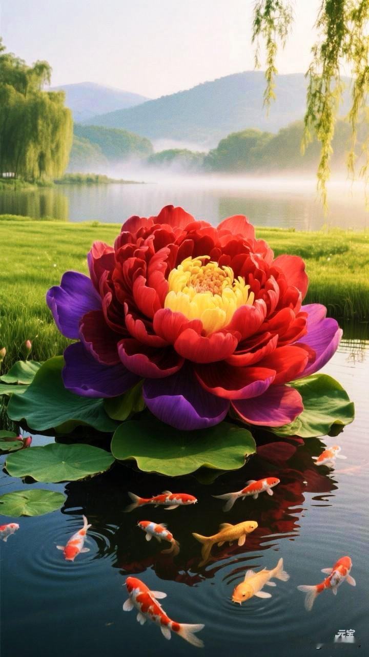 眸里，红紫黄层层叠叠，像打翻的调色盘，如梦似幻，色彩浓烈而和谐，巨型莲花，绽放于