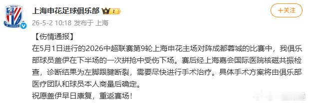 【上海申花通报盖伊伤情】盖伊左脚跟腱断裂需手术 5月2日，上海申花足球俱乐部发布