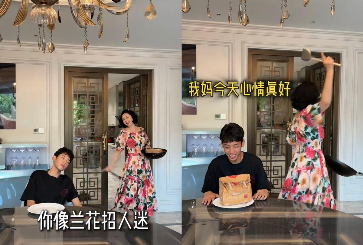 程莉莎在家看郭晓东初舞台，儿子饿得直喊妈，她反手一袋麦当劳，眼皮都没抬。儿子捧着