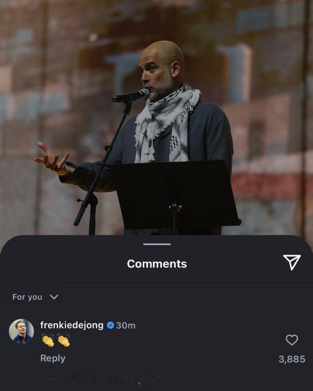 🔻弗兰基·德容在 Instagram 上为佩普·瓜迪奥拉支持巴勒斯坦的立场点赞
