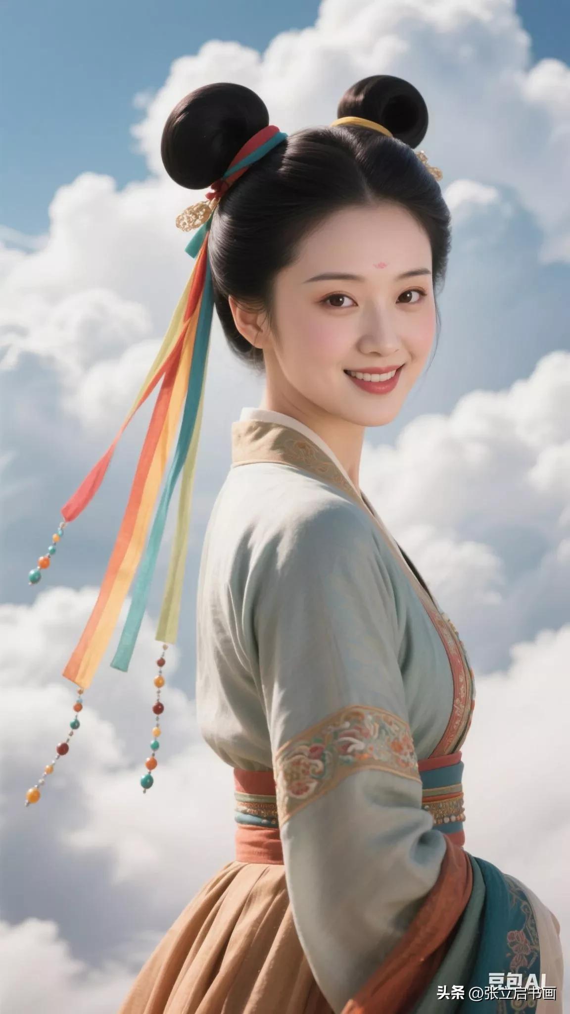 古风美人，云间仙子，笑靥如花。张立启原创书画AI作品古仕女发髻集锦第398期首发