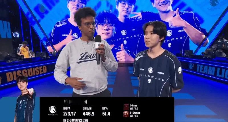 在今天结束的北美LCS春季赛的比赛中，TL以2-0击败DSG，赛后TL韩援上单M