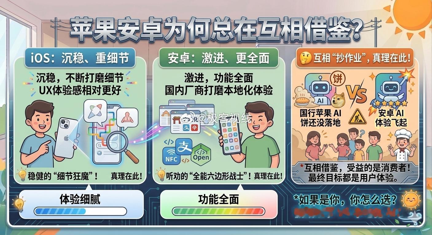 苹果安卓为何总在互相借鉴其实大厂之间互相借鉴再正常不过了，两边的终点站说白了都是