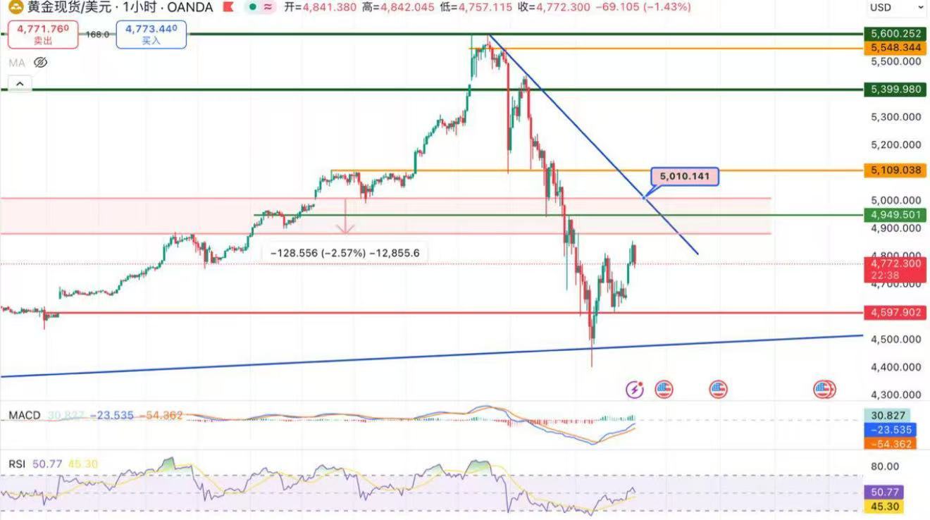 反弹并不稳定 留意短期分水岭4800黄金结束“自由落体”后进入到下跌修正阶段，今