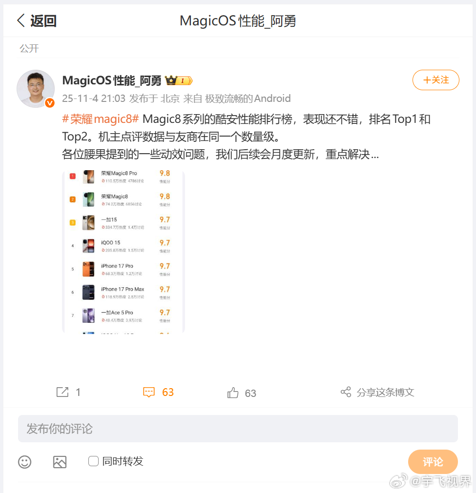 荣耀酷安10月份的性能排行榜新鲜出炉，荣耀Magic8 Pro和标准版，直接包揽