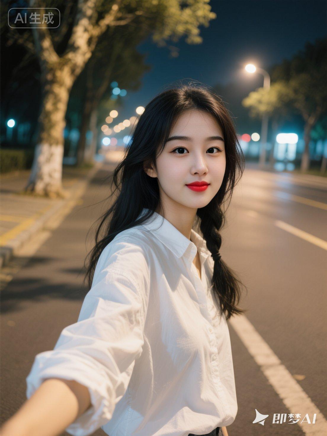 年轻女性，皮肤白皙，自然的妆，黑色长发头发飘飘稍显凌乱，穿着白色宽松衬衫