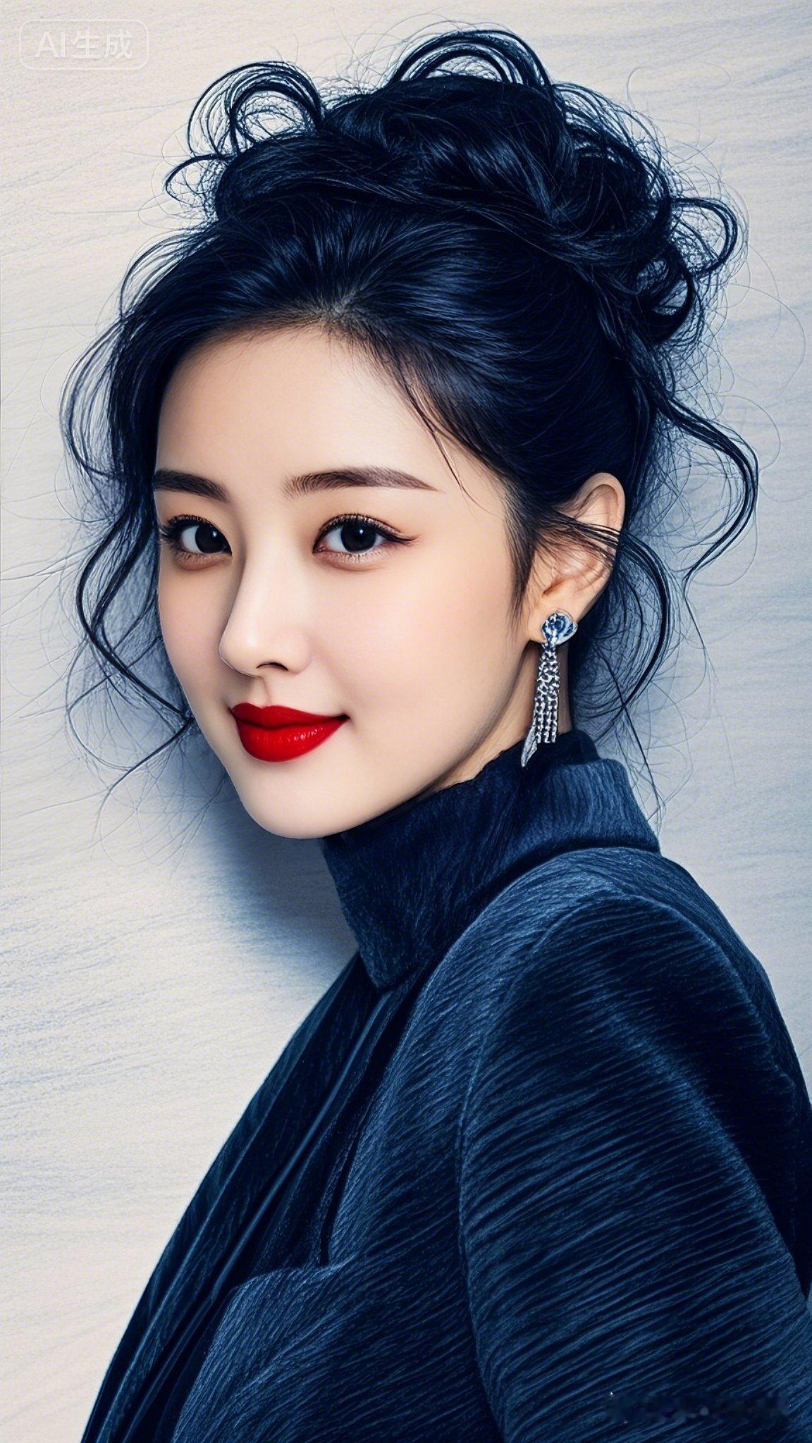 优雅黑发，红唇闪耀，时尚耳环，气质满满！💄👗💎