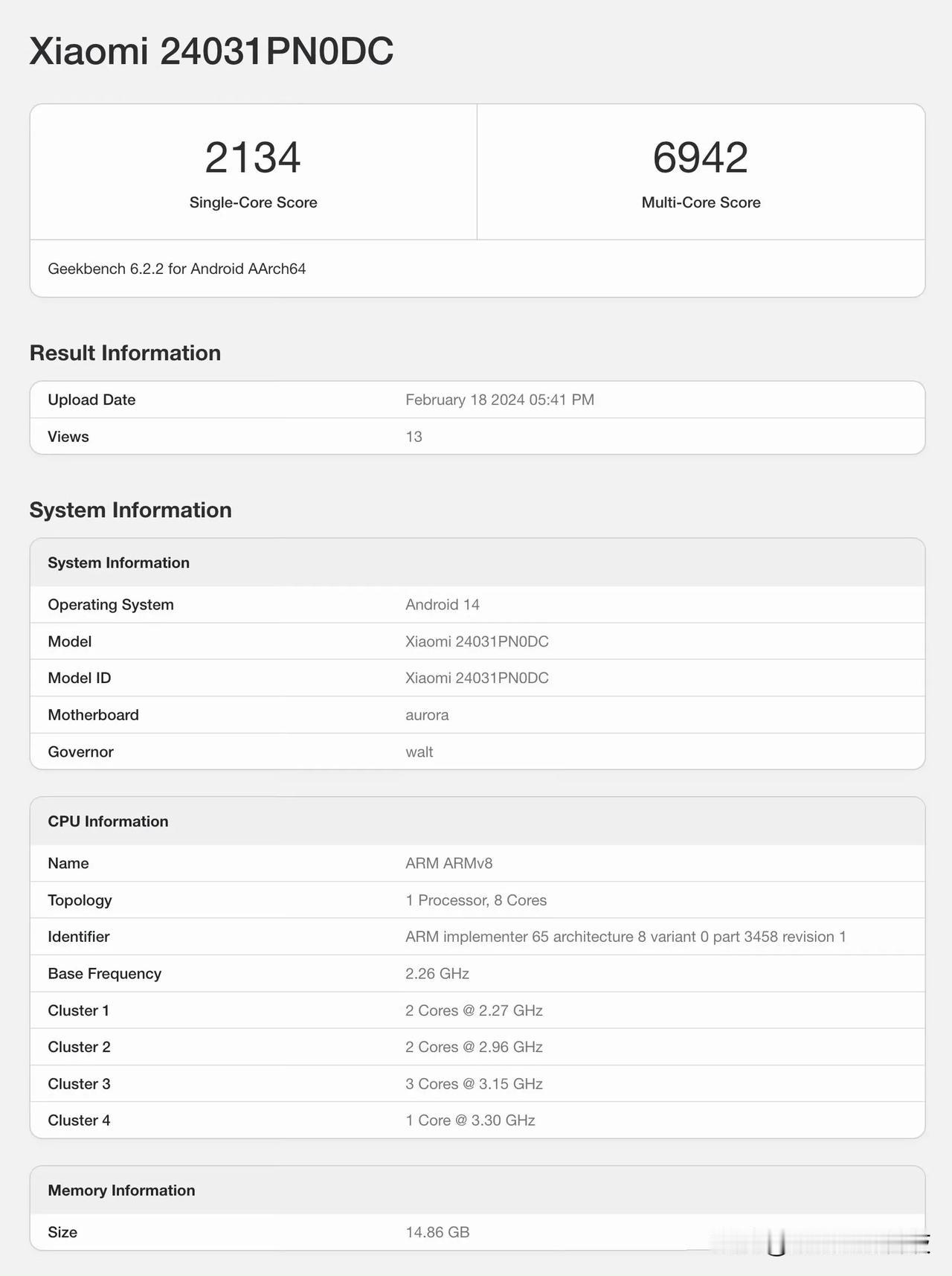 小米 14 Ultra 的 Geekbench 6 跑分提前曝光！

24031