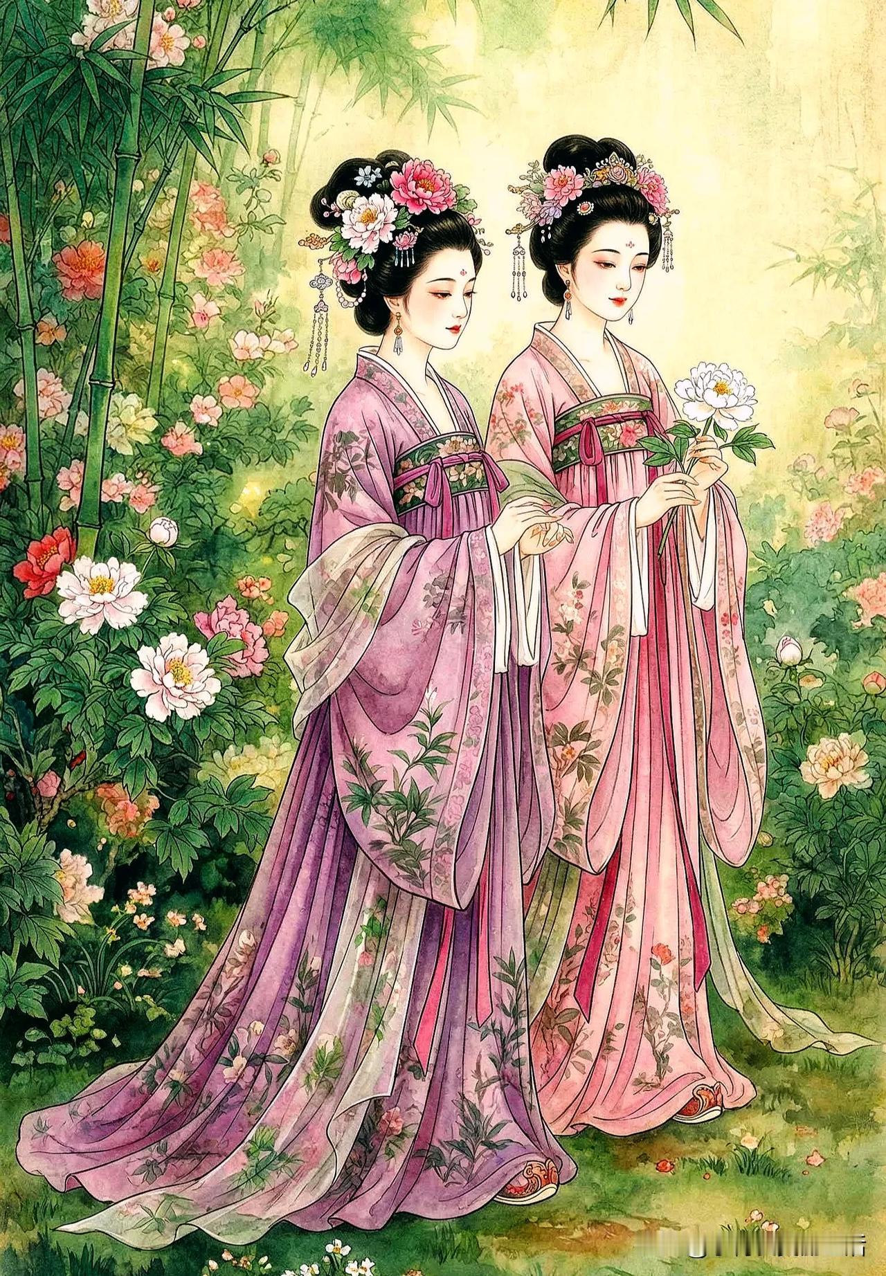 花间姊妹行，笑语入画屏。