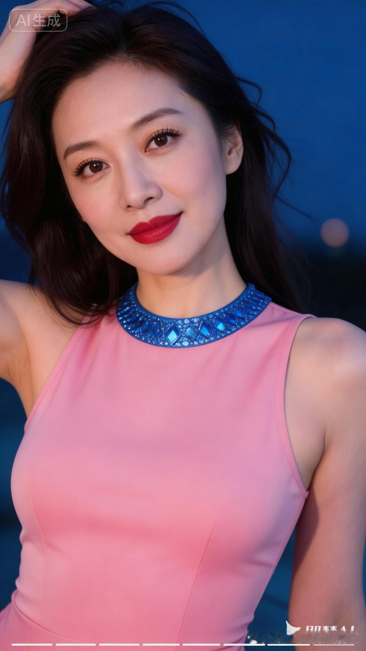 优雅红唇，粉色礼服，蓝色项链，夜晚的迷人魅力