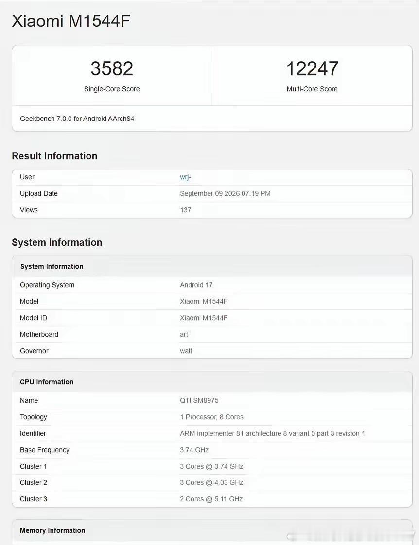 骁龙8 Elite Extreme Gen 6的Geekbench 7跑分数据已