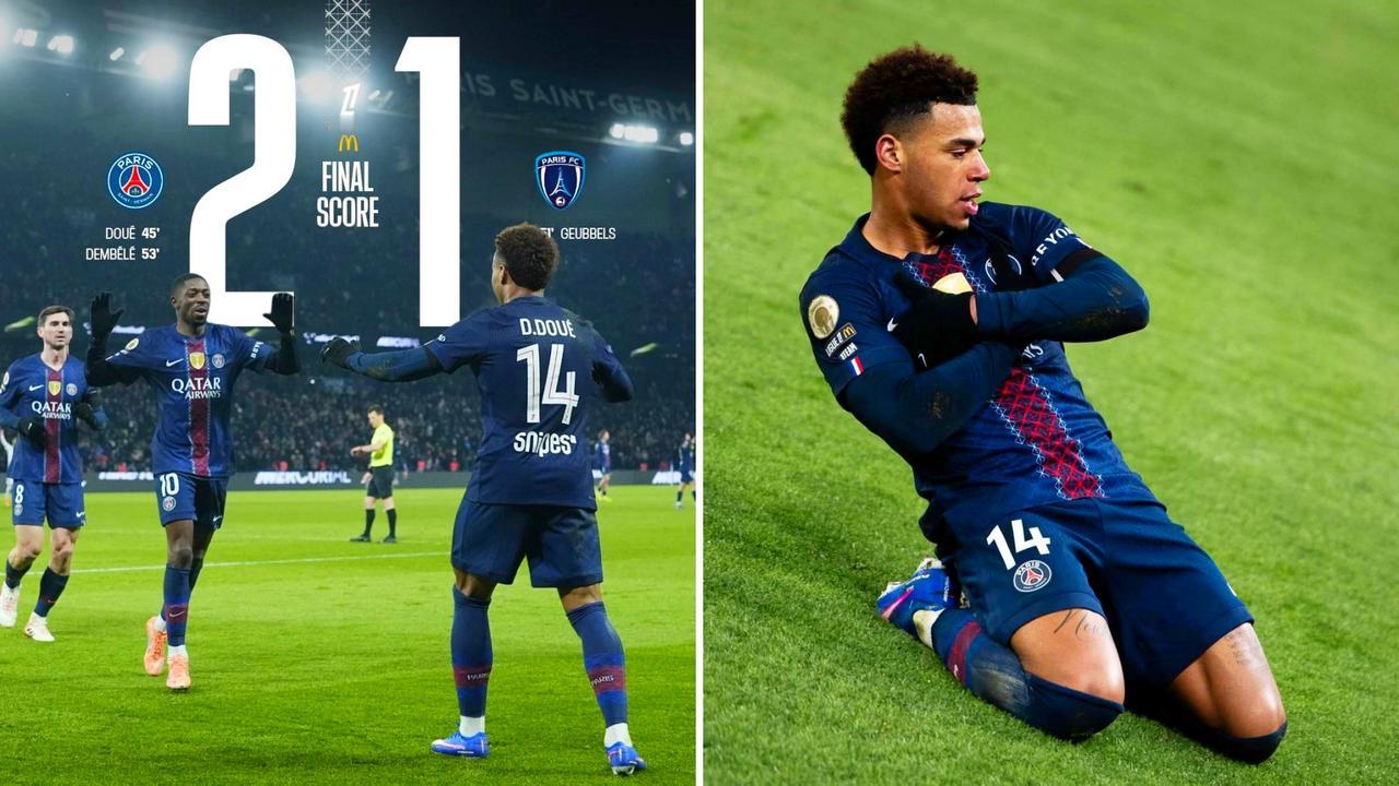 法甲：巴黎圣日耳曼主场2-1击败巴黎FC，距榜首1分。
杜埃破门，戈贝尔点射扳平