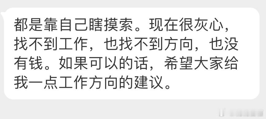 “都是靠自己瞎摸索。现在很灰心，找不到工作，也找不到方向，也没有钱。如果可以的话