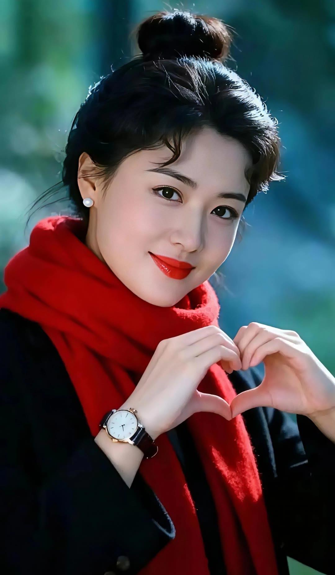 冬日暖阳下，红围巾少女的心形微笑😊