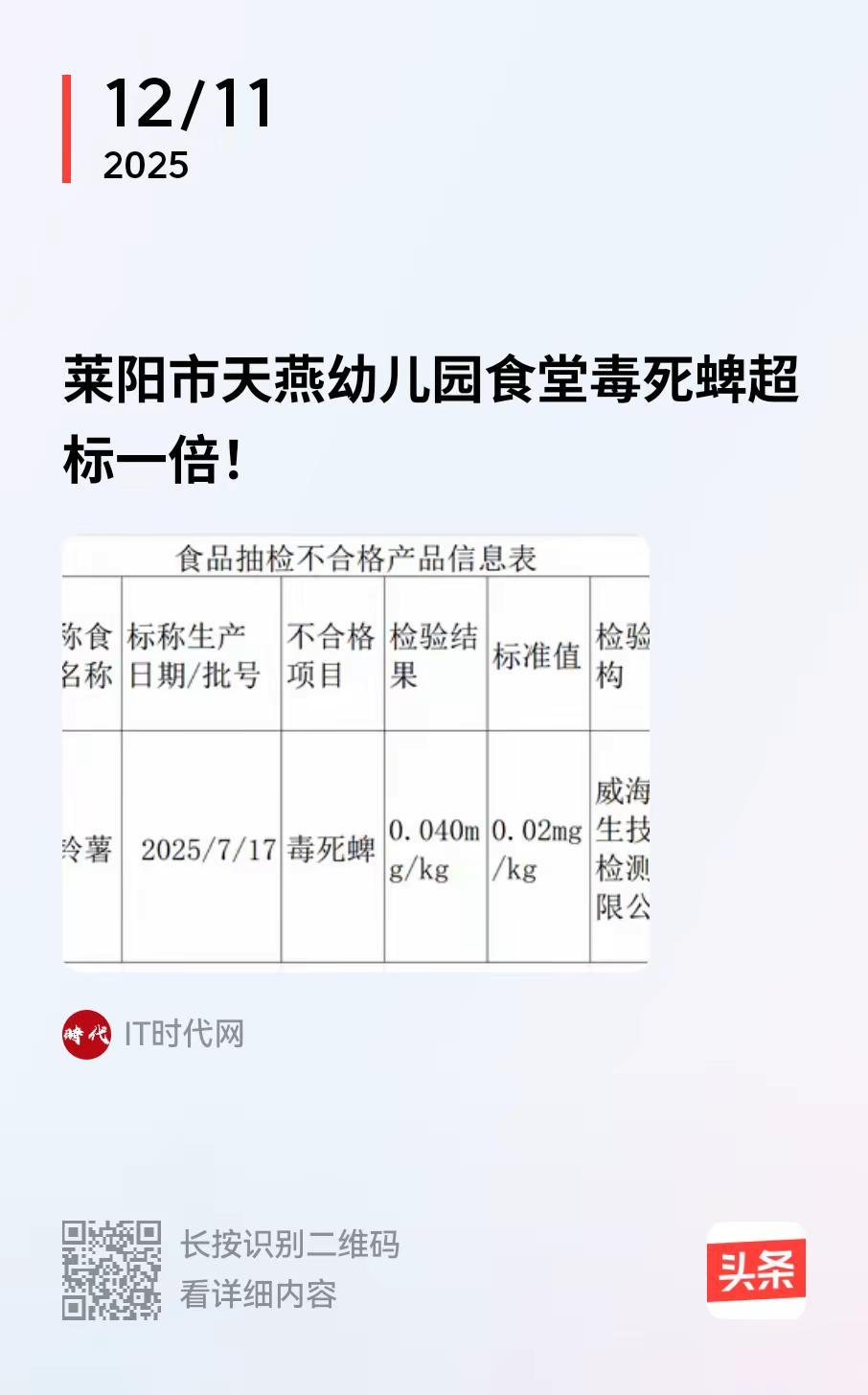 山东莱阳天燕幼儿园食堂检出毒死蜱超标一倍，这并非简单的数据偏差，而是对儿童健康防