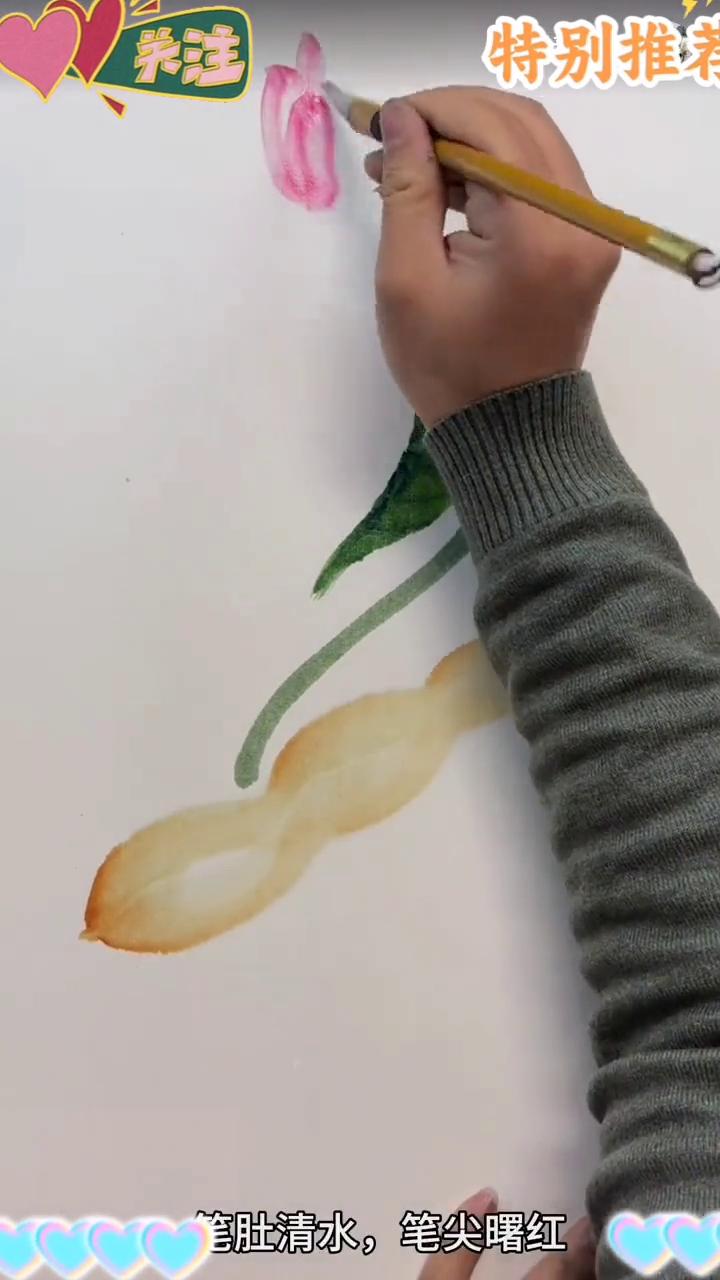 莲藕画法。
·笔肚清水，笔尖赭石，提笔，按压，一笔双色画出波浪形莲藕。
·藤黄加