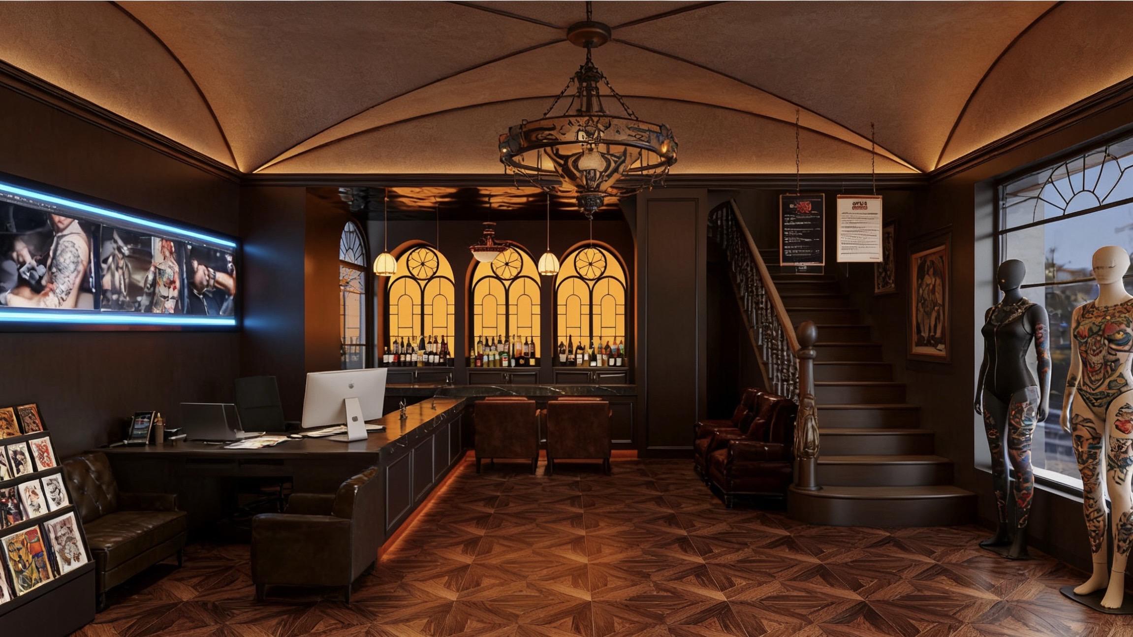 美式纹身店设计。纹身店最需要注意的是地板，因为总是会被烫坏