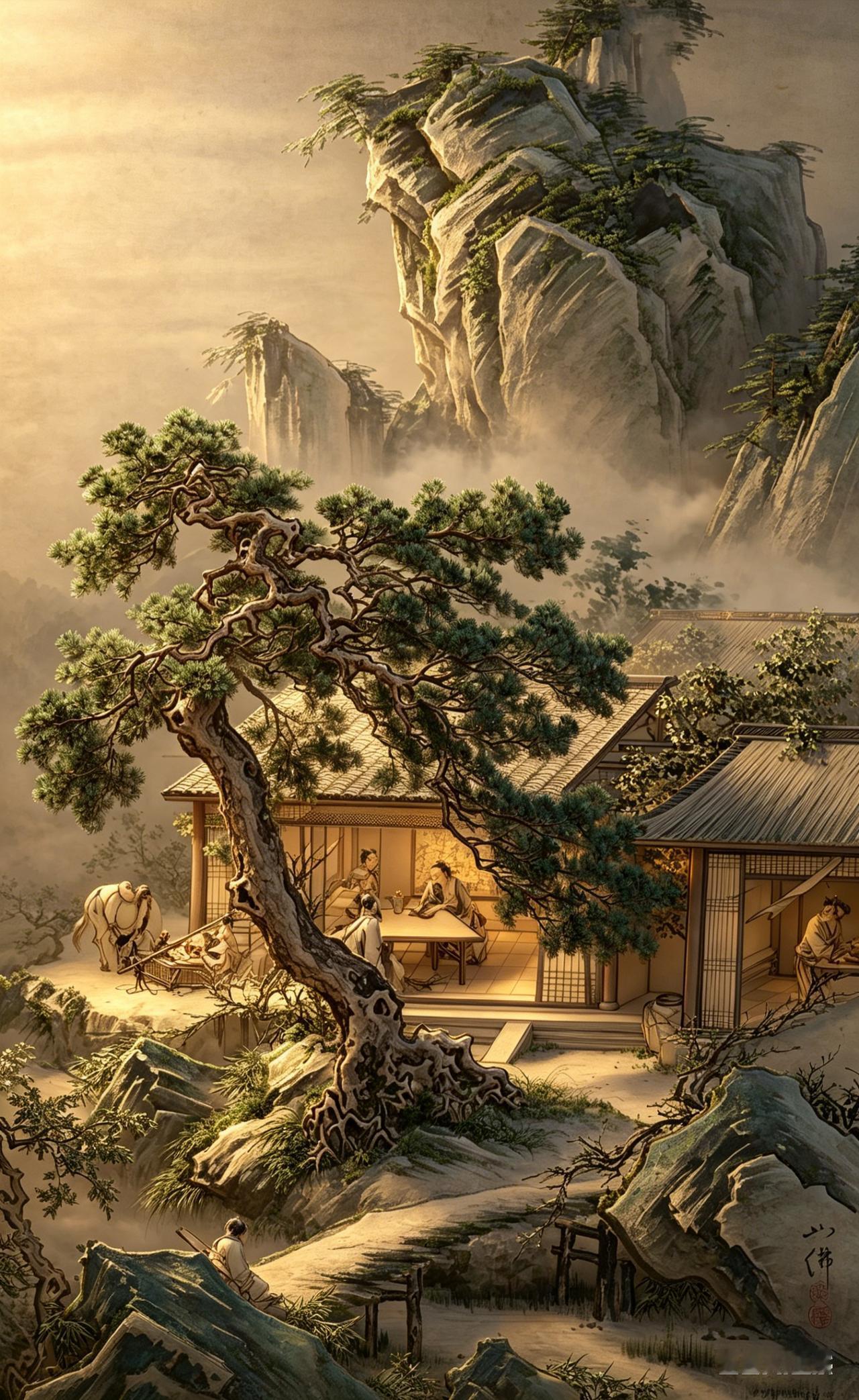 一屋烟火，半盏闲茶。
有人对坐，有人独行。
一景一境，都是古意。
几间茅舍，藏尽