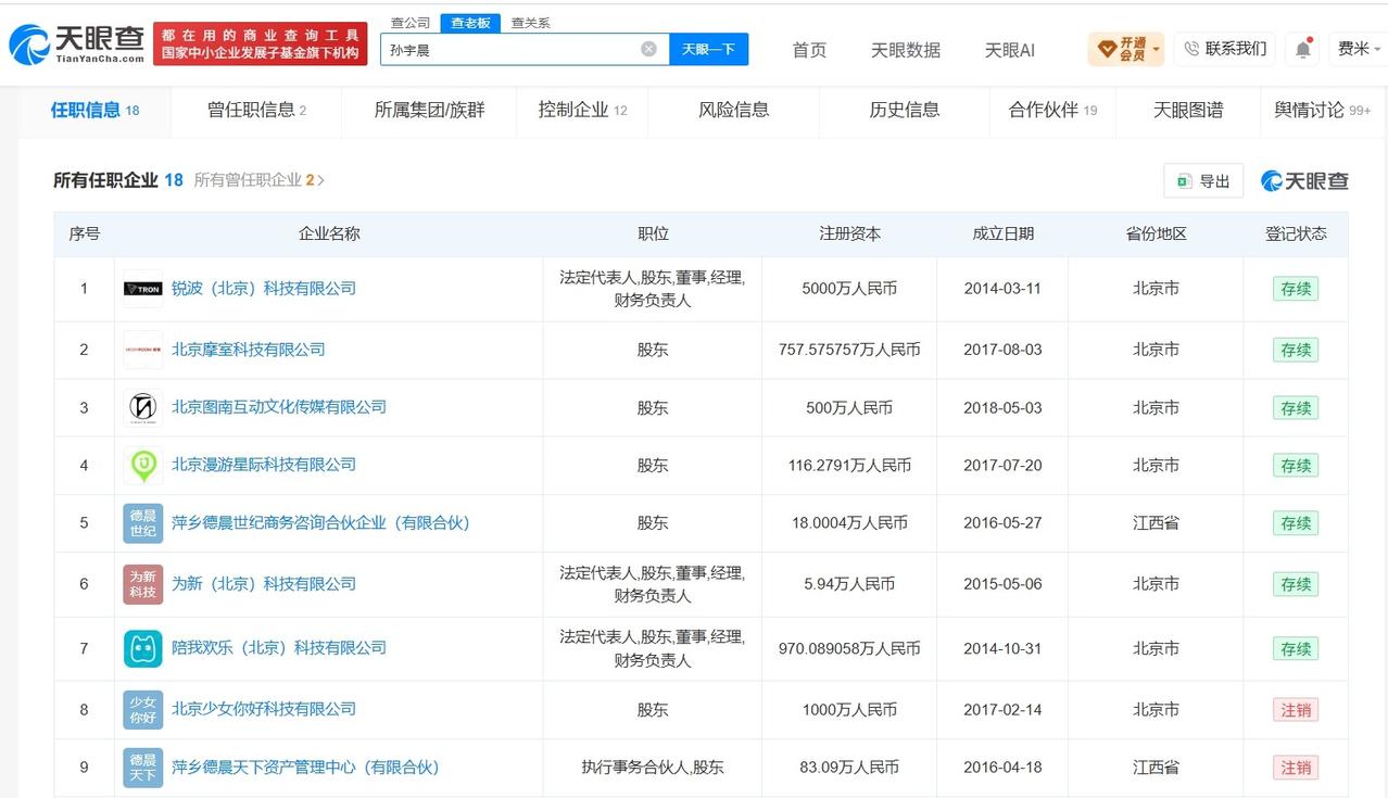 孙宇晨已成立陪我欢乐公司

孙宇晨名下少女你好公司已注销 孙宇晨名下多家公司已注