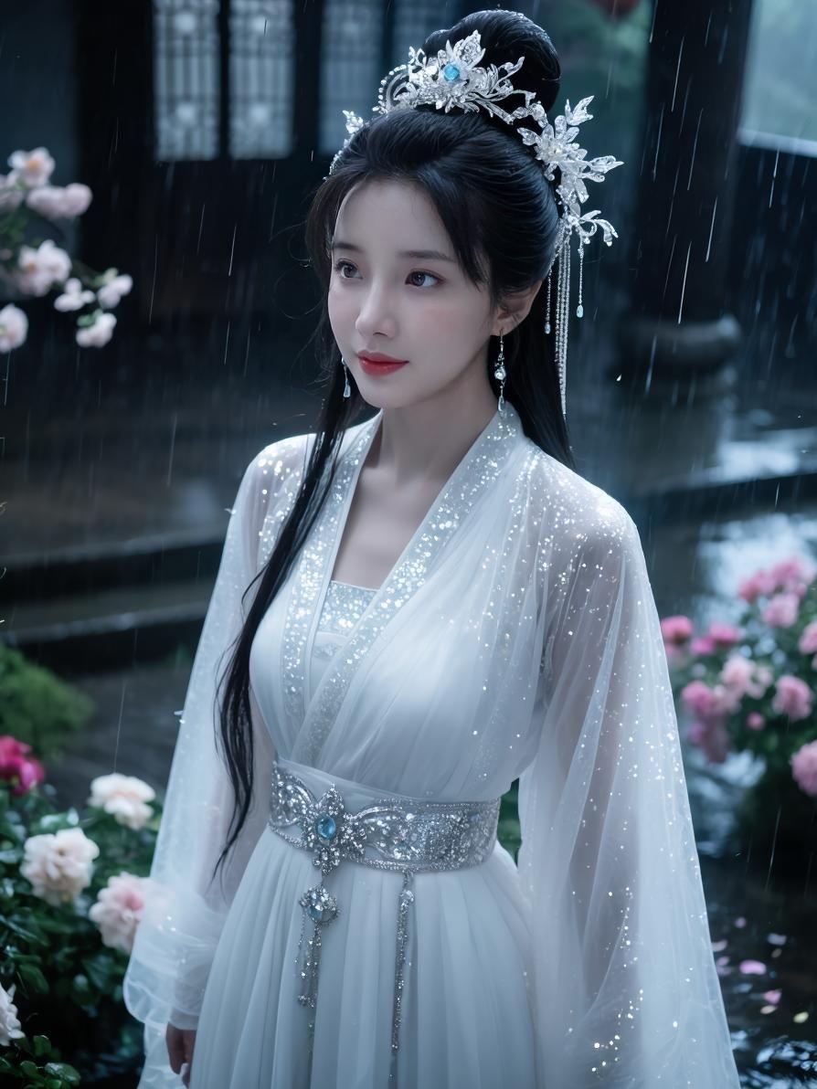 细雨漫过古院，繁花沐雨悄然盛放。
一袭素白仙裙，轻纱缀满点点莹光，珠翠发饰摇曳流