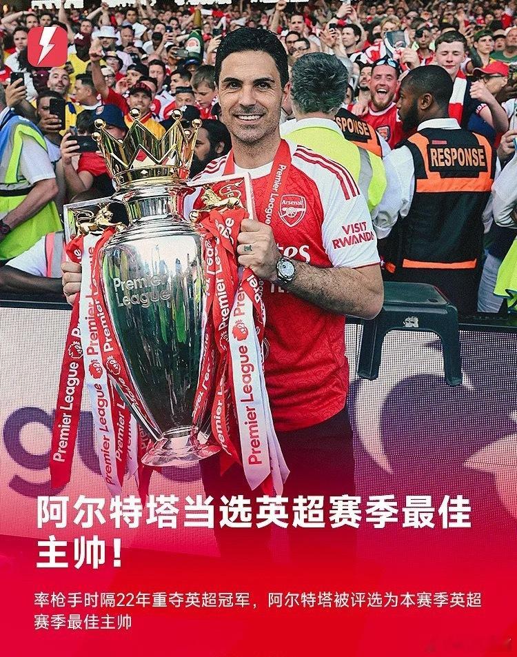 英超官方宣布，阿森纳主帅阿尔特塔成为本赛季英超最佳主教练。本赛季，阿尔特塔带领阿