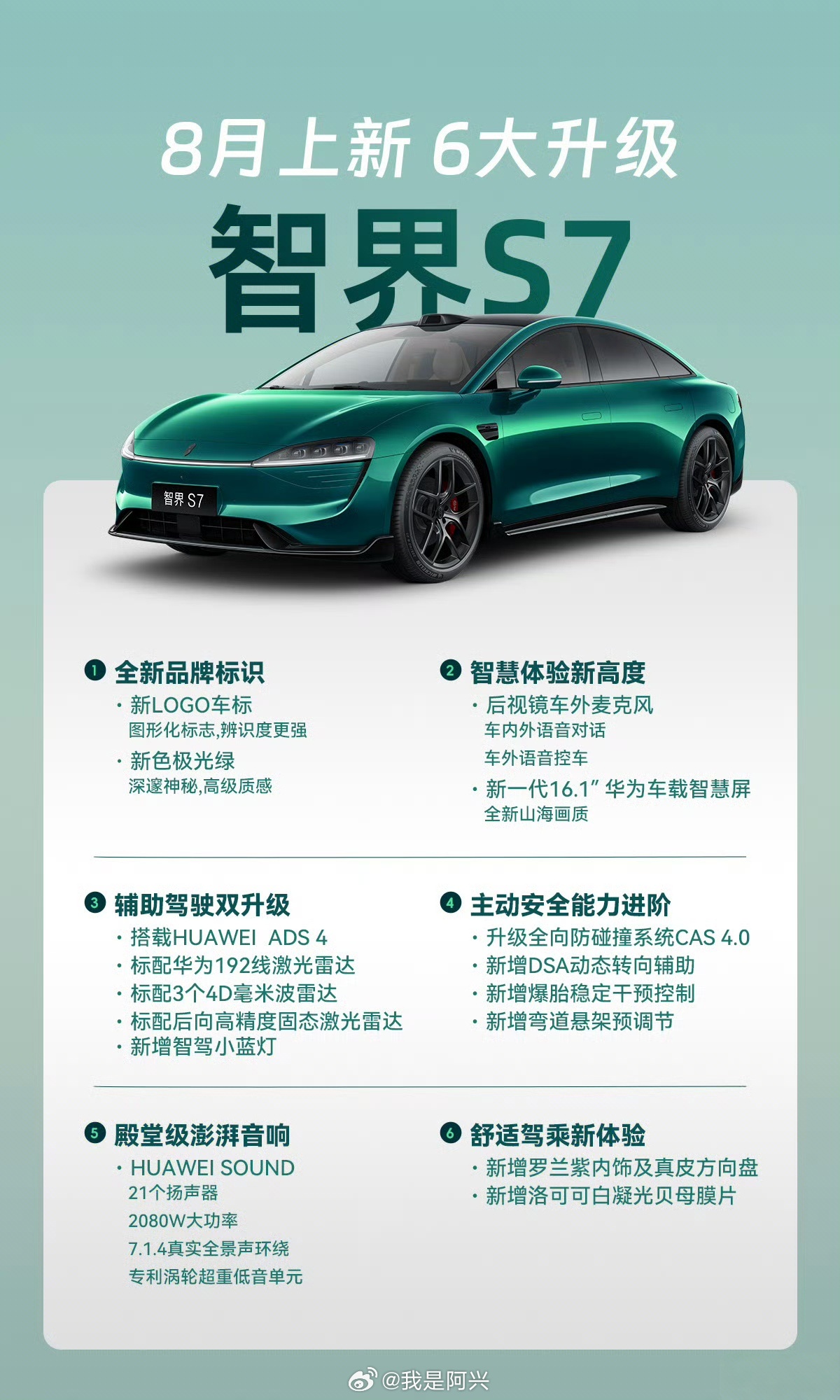 智界S76大升级采用新品牌标识，新LOGO车标图形化标志，辨识度更强，新色极光绿