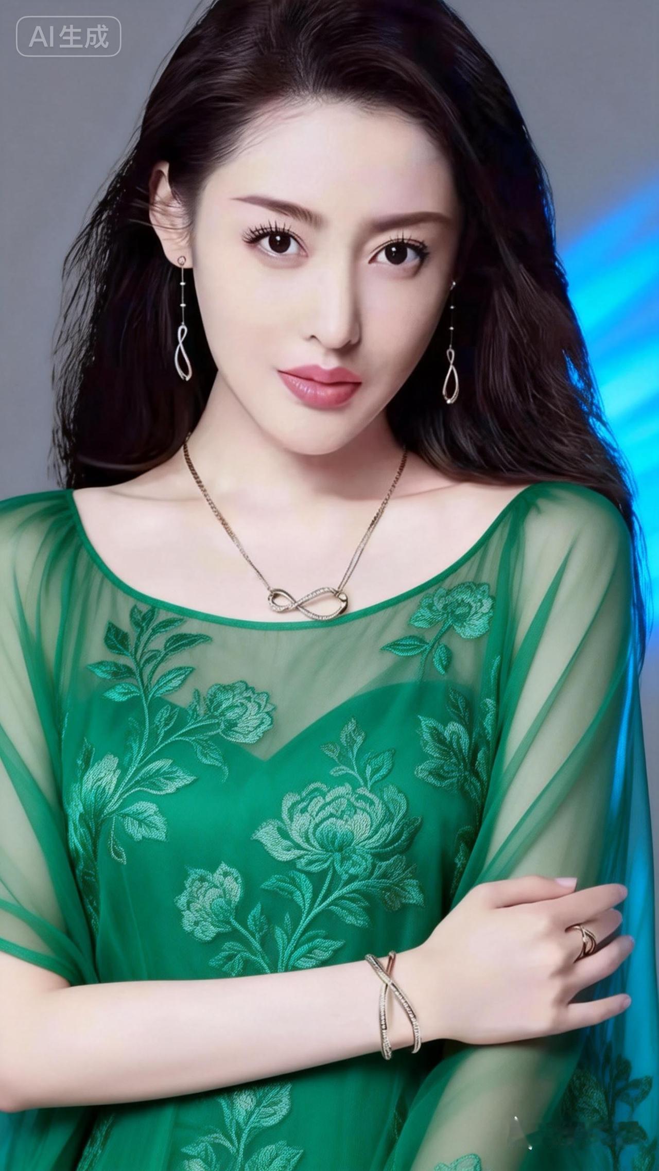 优雅绿衣少女，梦幻花枝点缀，温柔气质满满