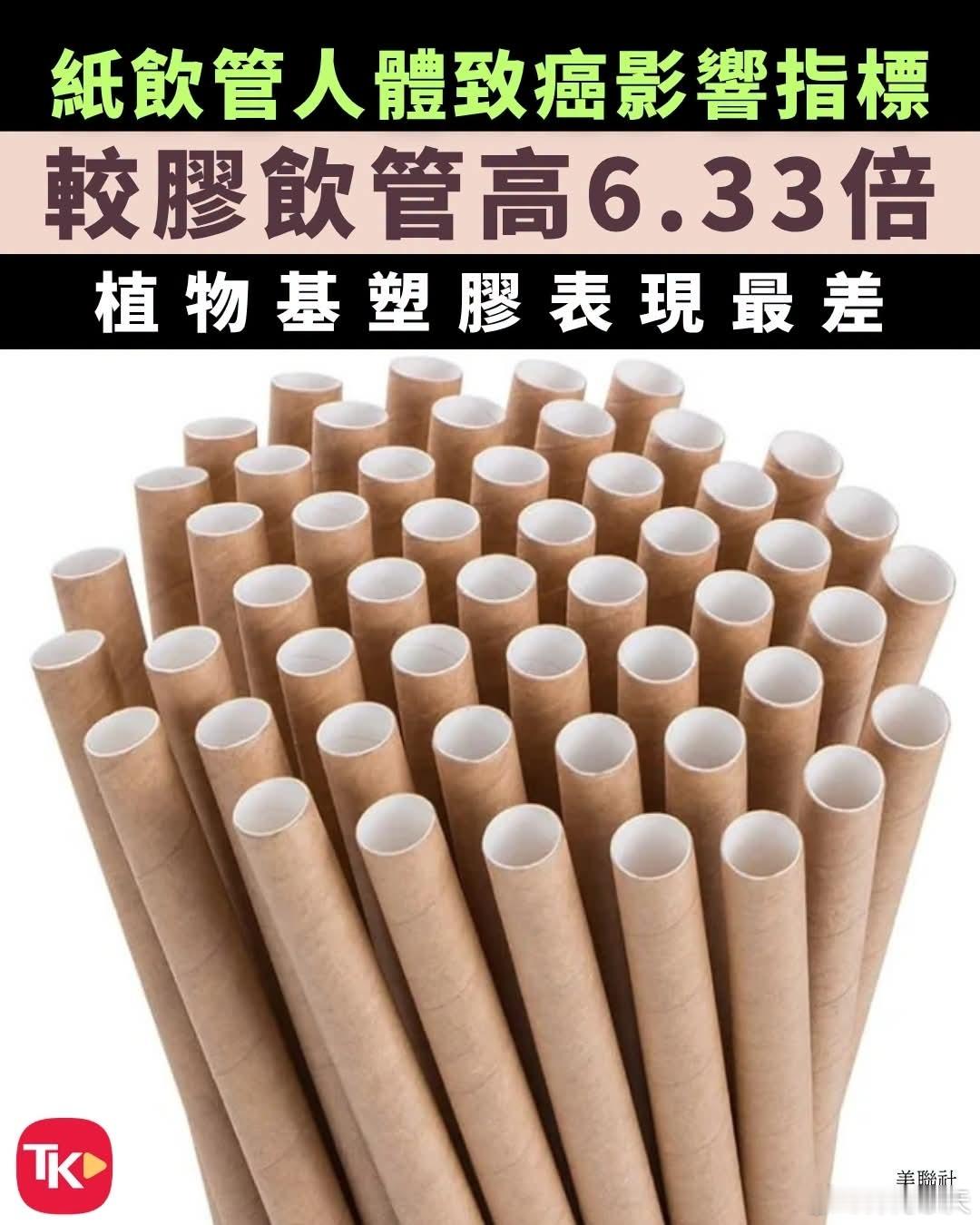 纸质吸管教塑料吸管致癌指数高6.33倍大公报报道，韩国一项政府委托研究显示，相较