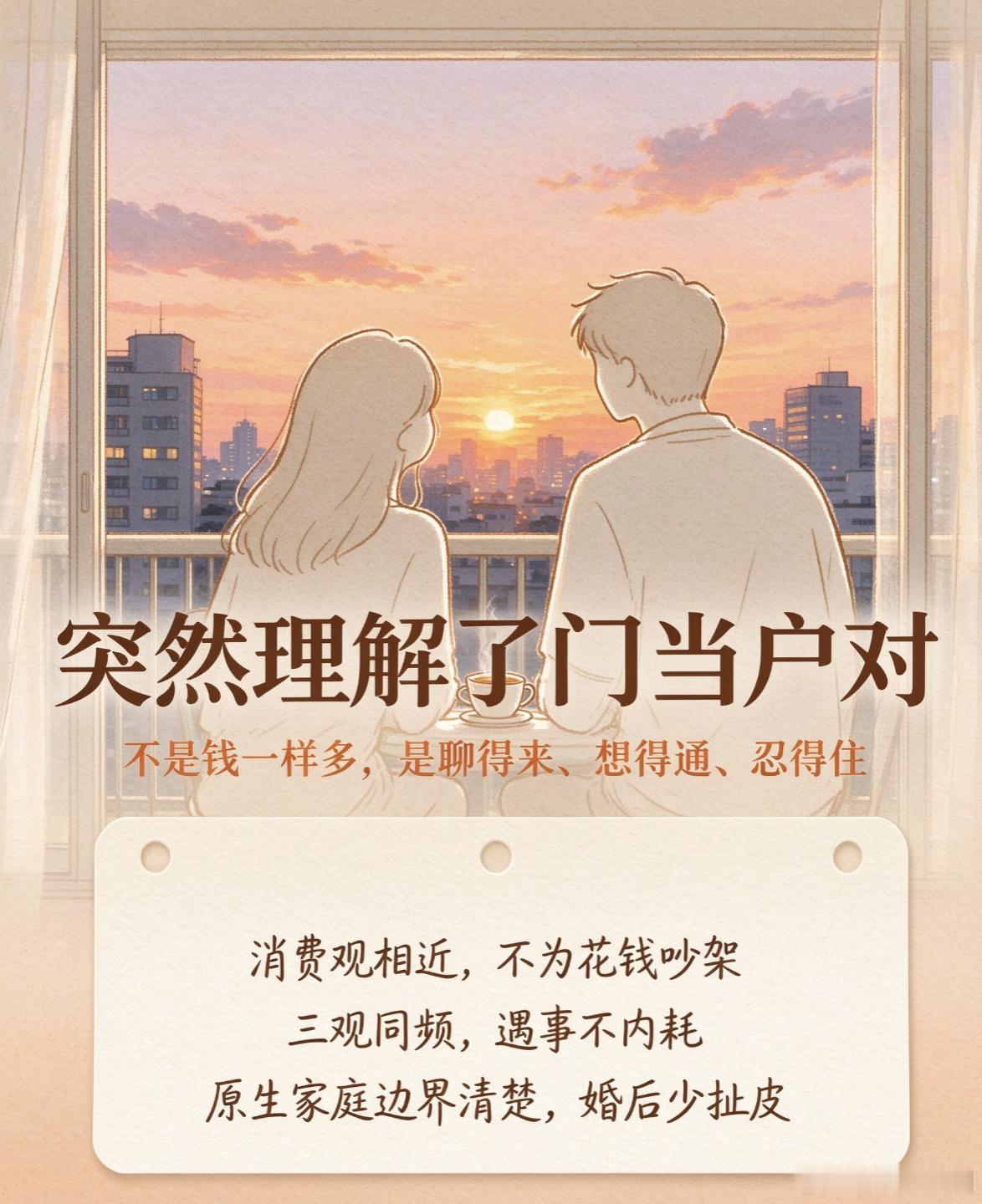突然理解了门当户对 年轻时觉得门当户对是封建糟粕，是嫌贫爱富。现在到了中年，过着