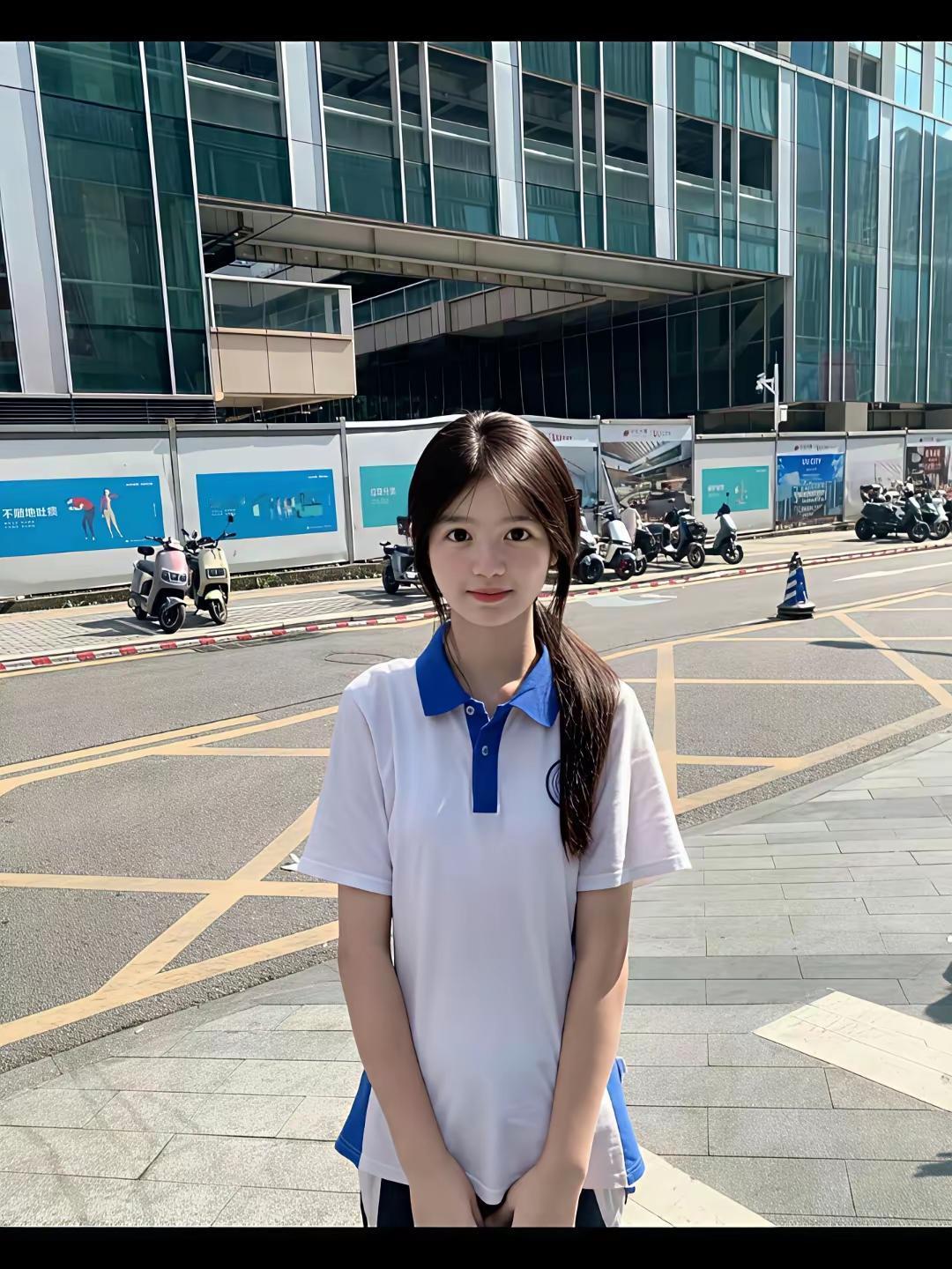 阳光明媚的一天，元气少女在城市街头打卡🌞📸