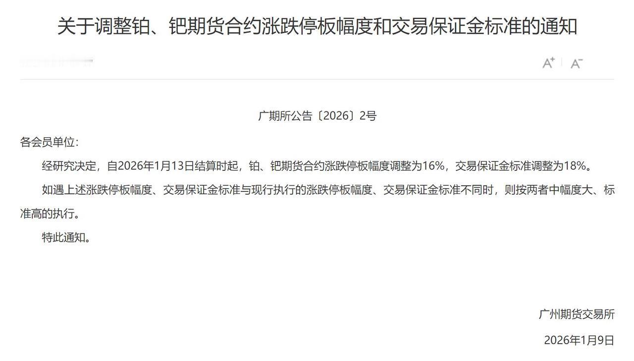 广州期货交易所关于调整铂PT、钯PD期货合约涨跌停板幅度和交易保证金标准的通知