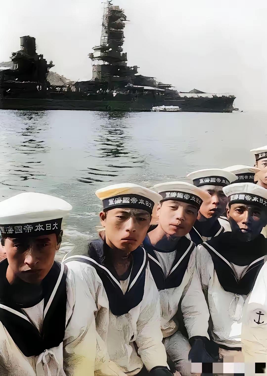二战期间，日本的海军士兵。他们年龄不大，穿着一身白色的海军制服，帽子上写着“大日