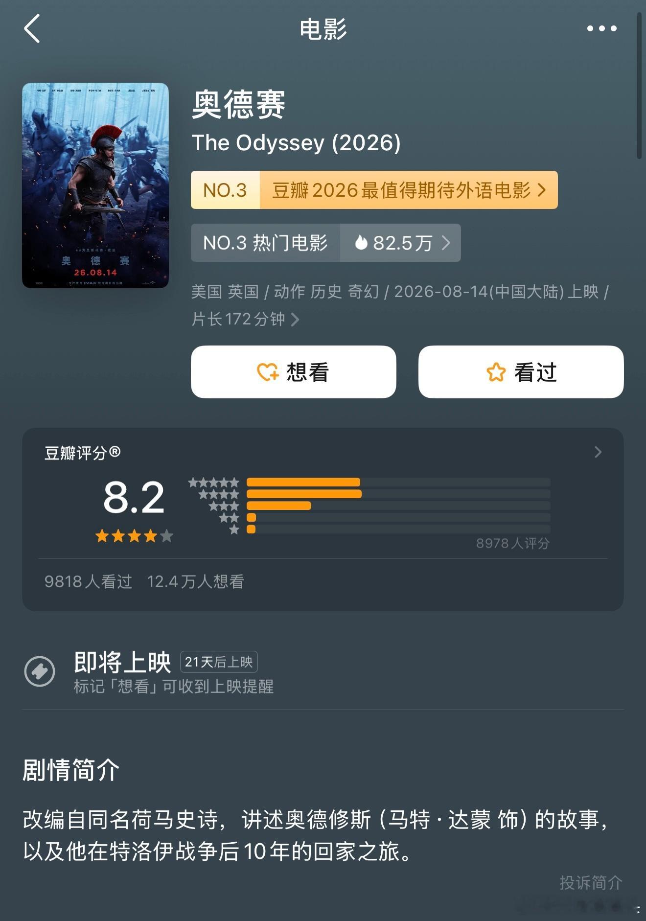 奥德赛豆瓣开分8.2……点映能不能到我这来我真的好想看 