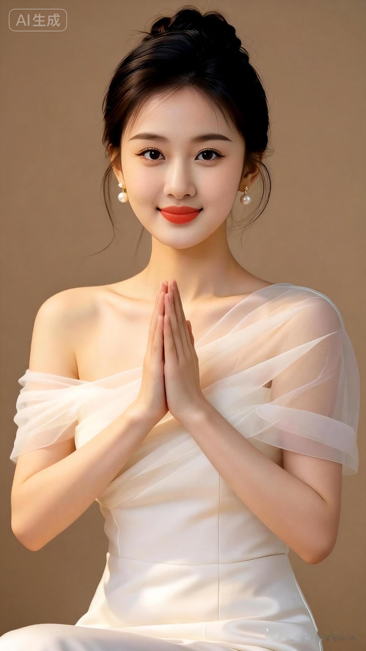 温婉女子双手合十虔诚祈佛，眉眼柔和静谧，素雅简约穿搭，柔和禅意柔光笼罩，高清细腻