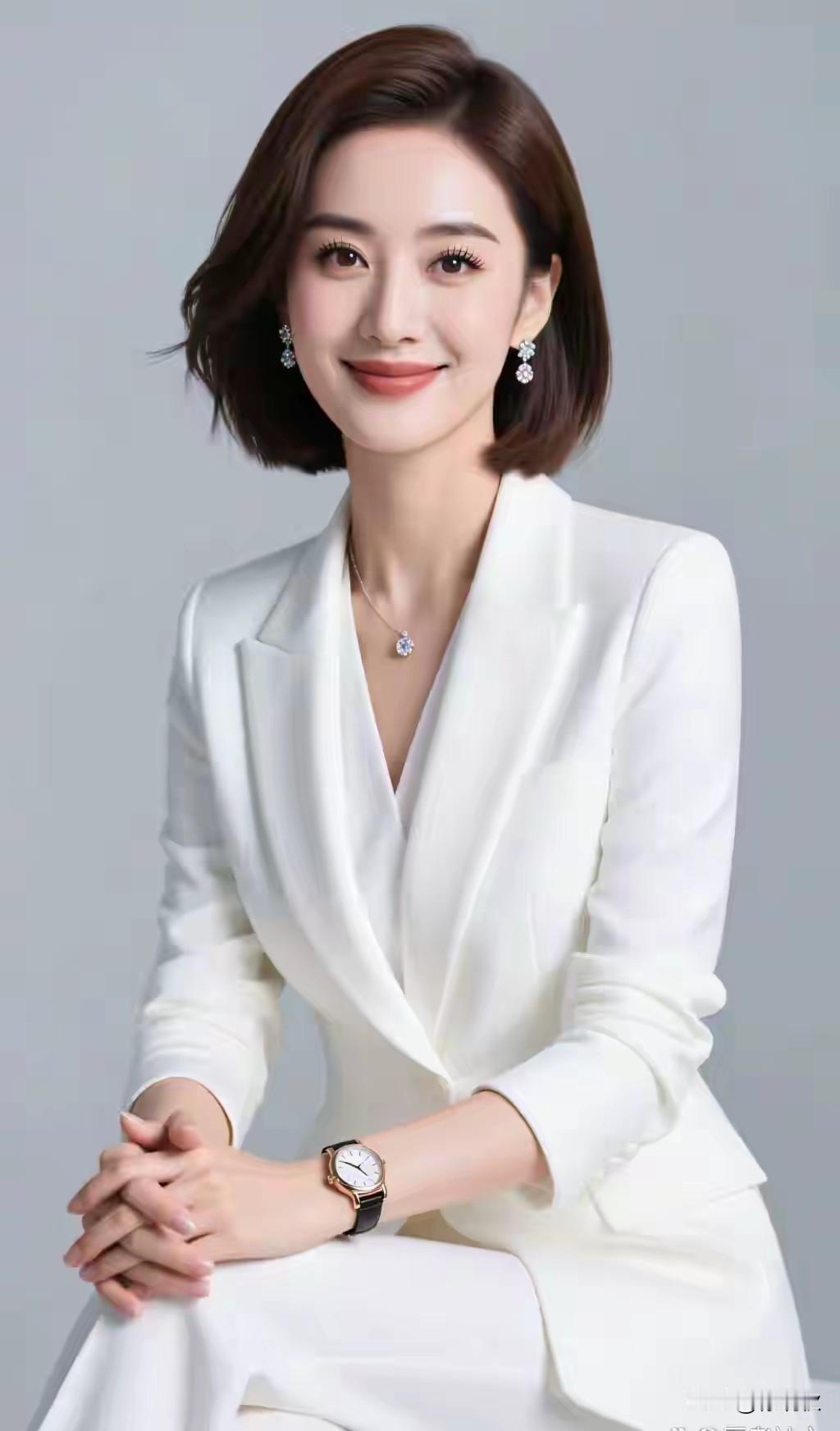 白衫裁得一身清，
珠链凝光映玉明。
车畔从容凝笑靥，
眸若秋水映繁星。