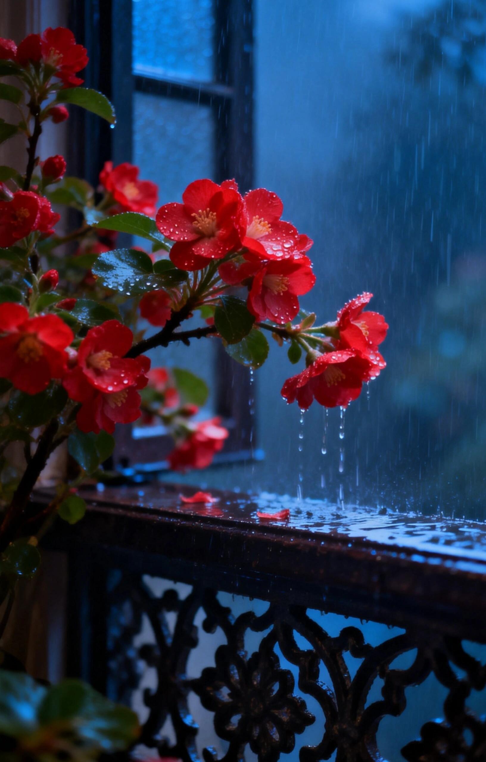桃气加 雨天的花，是窗边的红。雨再大，也要在彼此的世界里，开出一朵花 