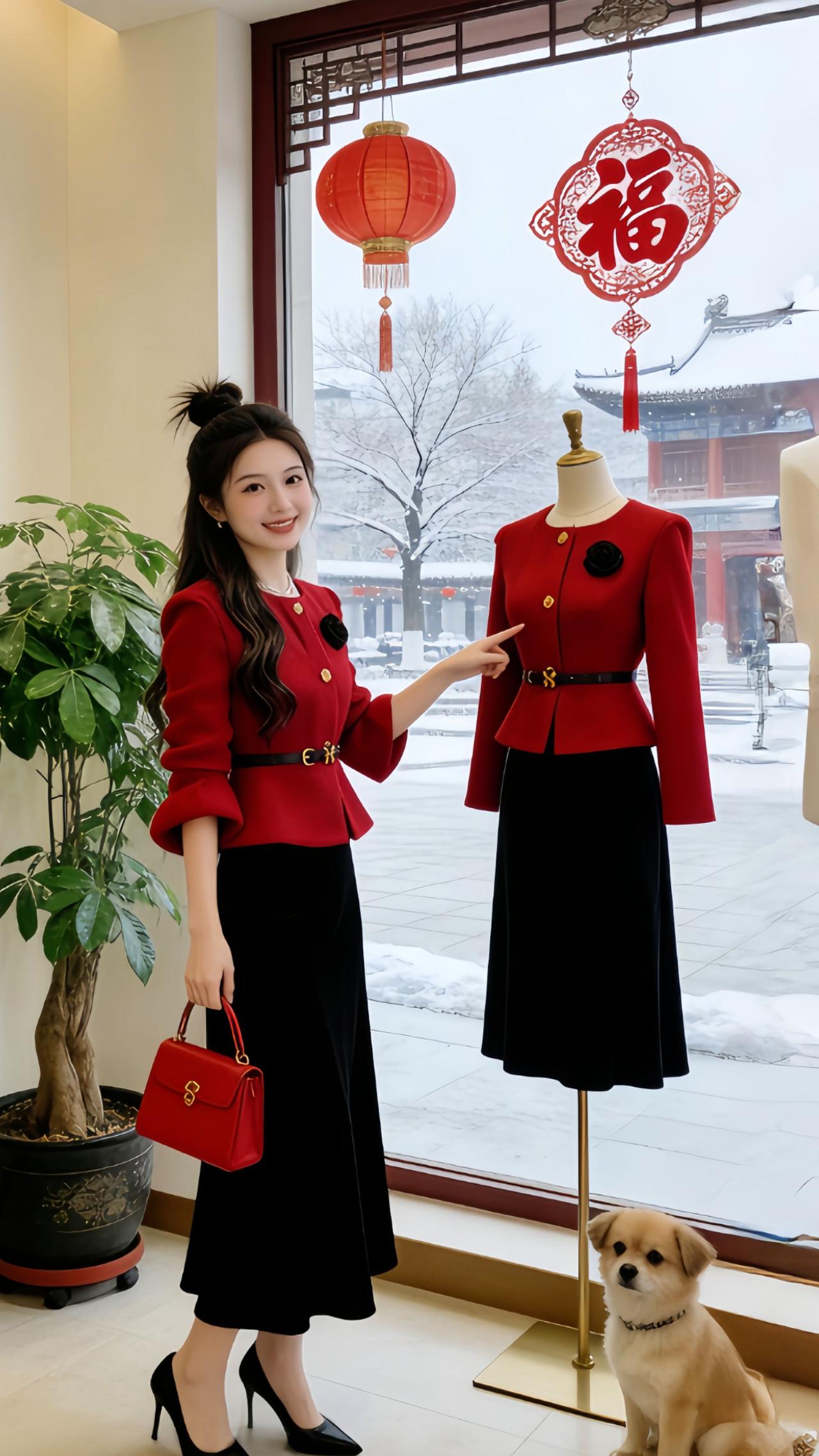在服装店一眼就被这套过年红小香风套装戳中审美！红调衬得肤色超白，收腰版型掐出腰线