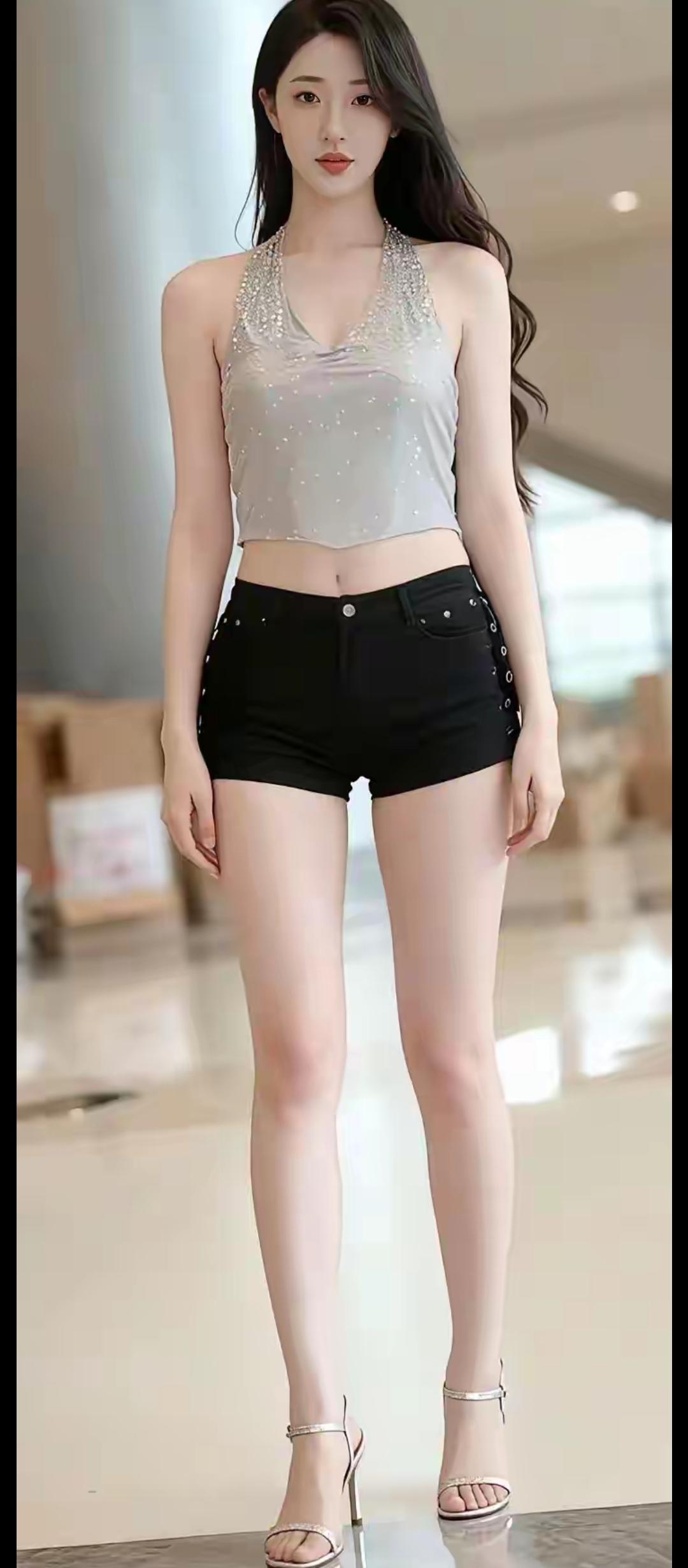 银光闪闪衣，黑裤映芳姿。