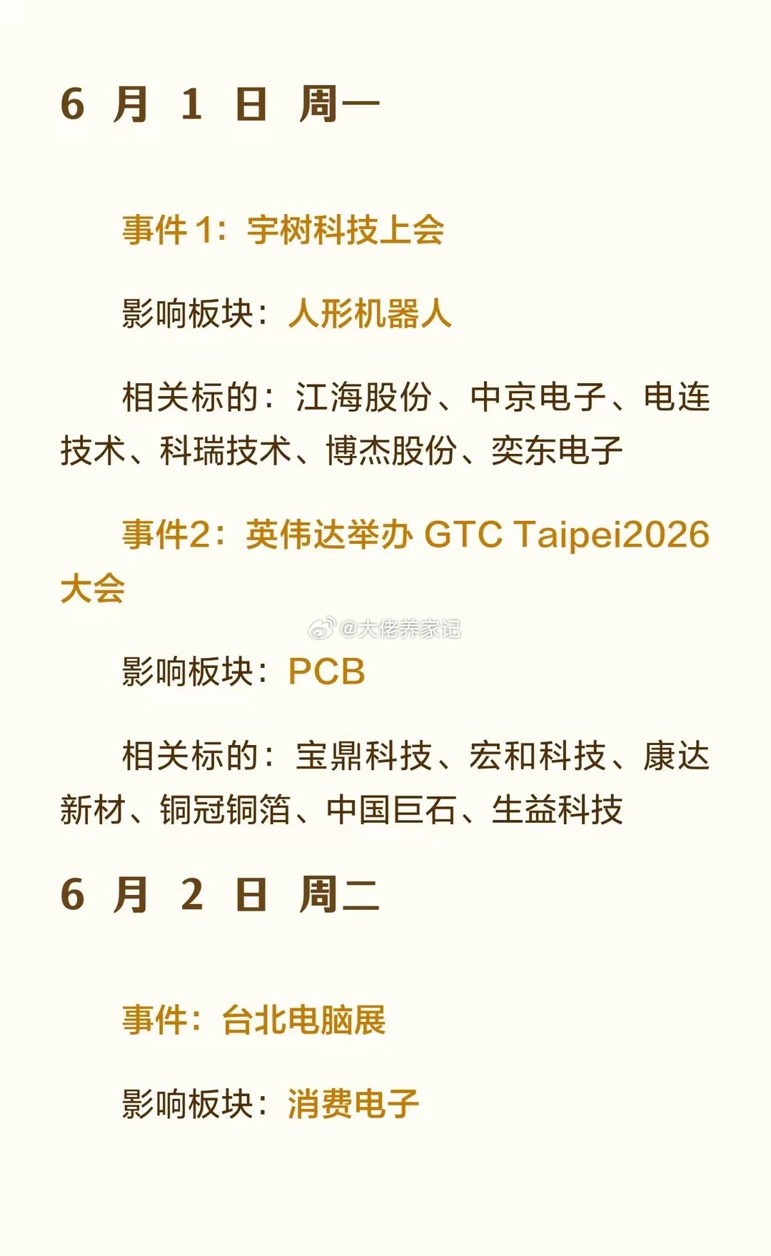 下周（6.1-6.5）利好消息一览6 月 1 日 周一事件 1：宇树科技上会影响