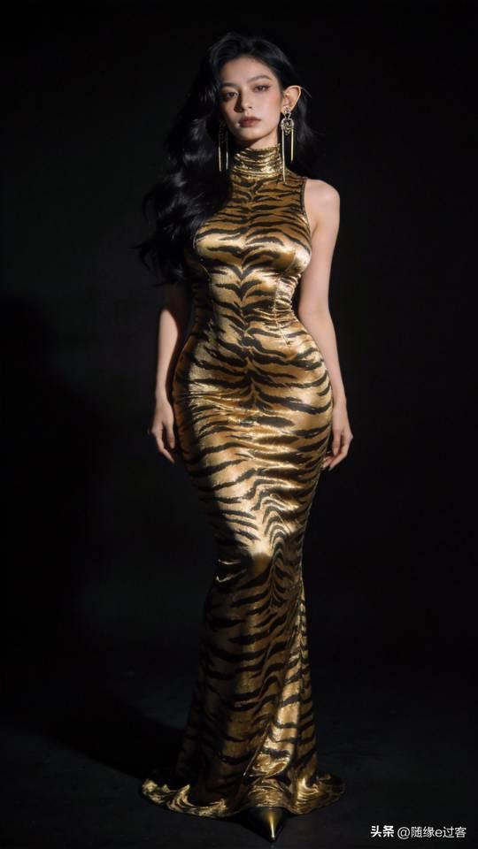 身穿虎纹连衣长裙女子的写真照。连衣长裙 美女壁纸