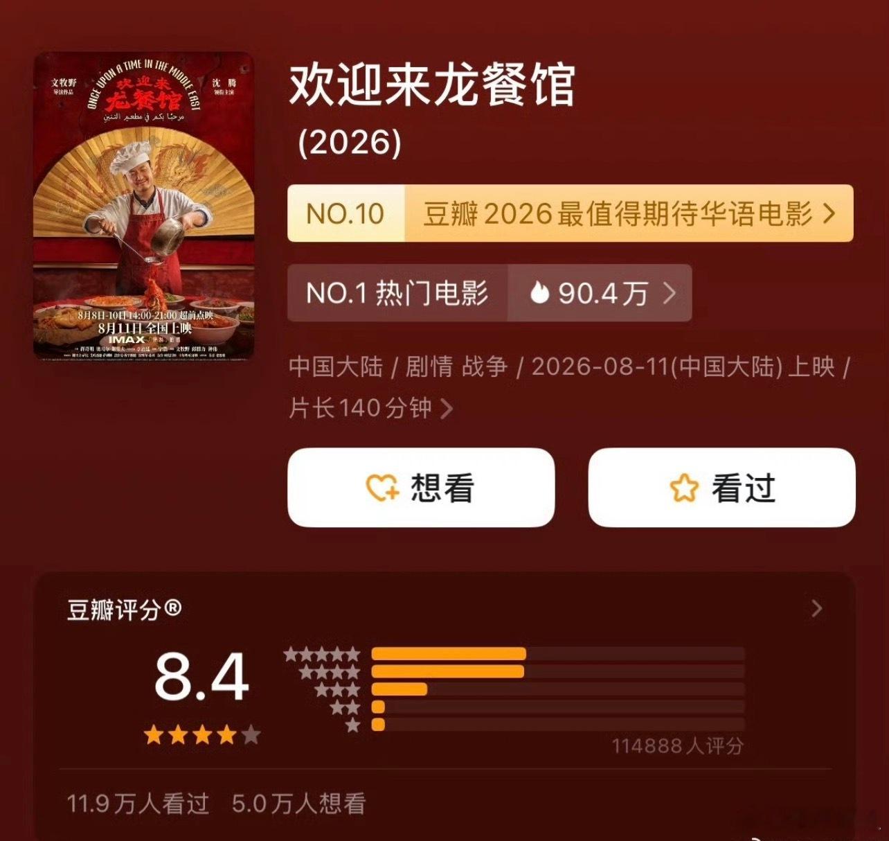 欢迎来龙餐馆票房决定这个周末看龙餐馆了。本来之前是准备和琳达去看《奥德赛》的，毕