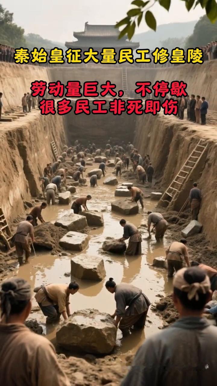 秦始皇征大量民工修皇陵。
秦始皇征大量民工修皇陵，穷苦百姓，透支身体，场面浩大惨