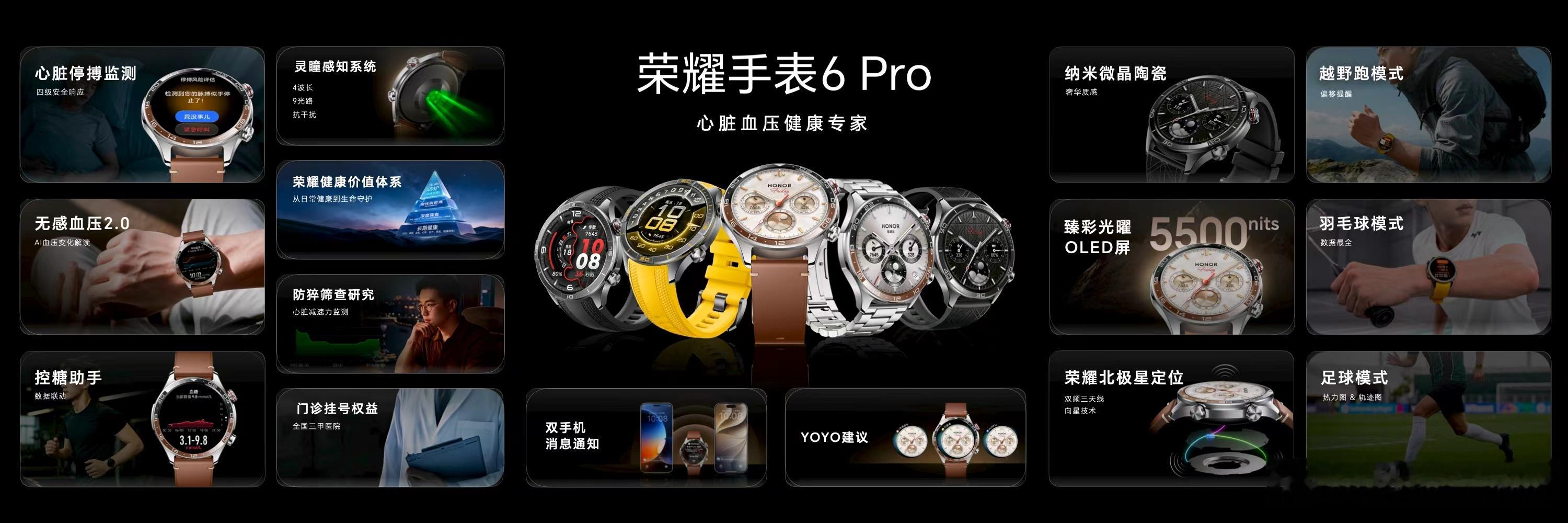 荣耀手表6 Pro亮点满满配备行业首款1.5英寸双层OLED臻彩光曜屏，峰值亮度