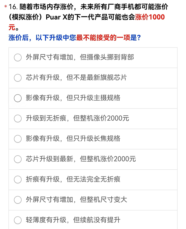 华为Pura X的下一代产品迭代的官方调研，感觉涨价已成定局，可能涨1000元，