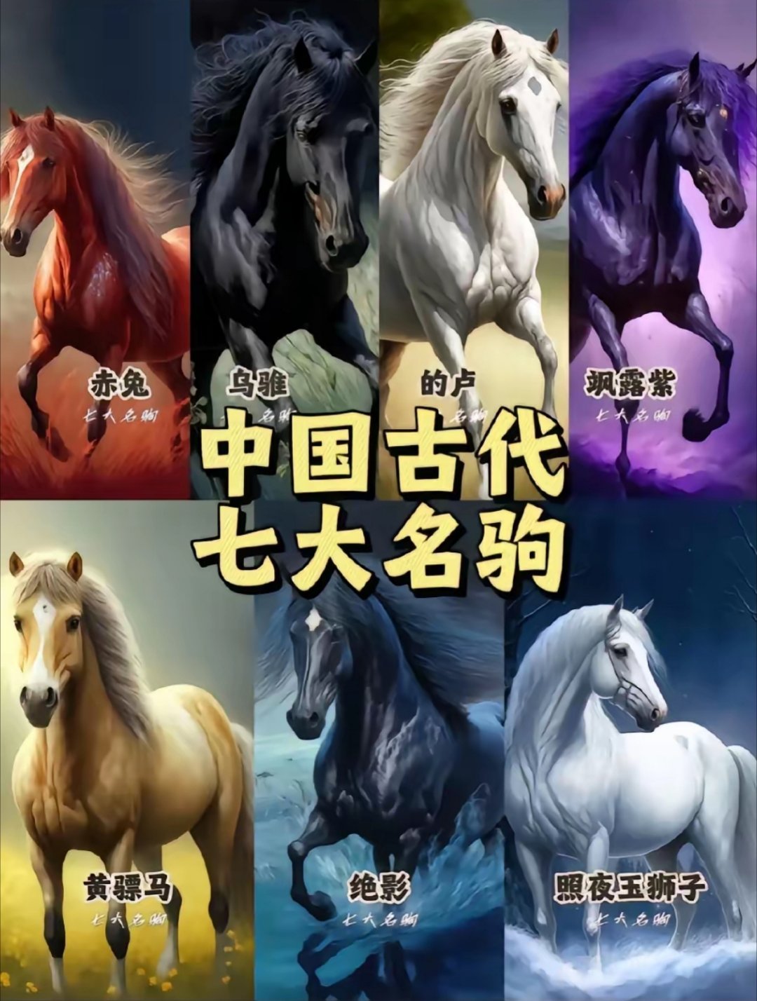 吕布的赤兔，项羽的乌骓，刘备的的卢，飒露紫不知道，秦琼的黄骠马，绝影不知道，赵云