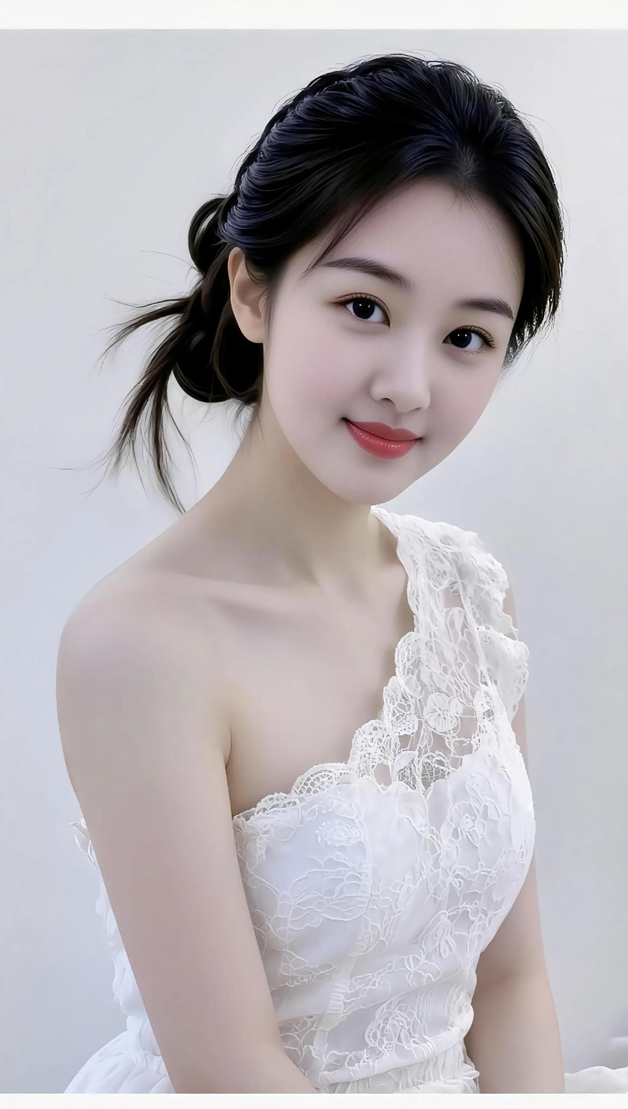 温柔甜美的少女，穿着蕾丝连衣裙，微笑着看向镜头。